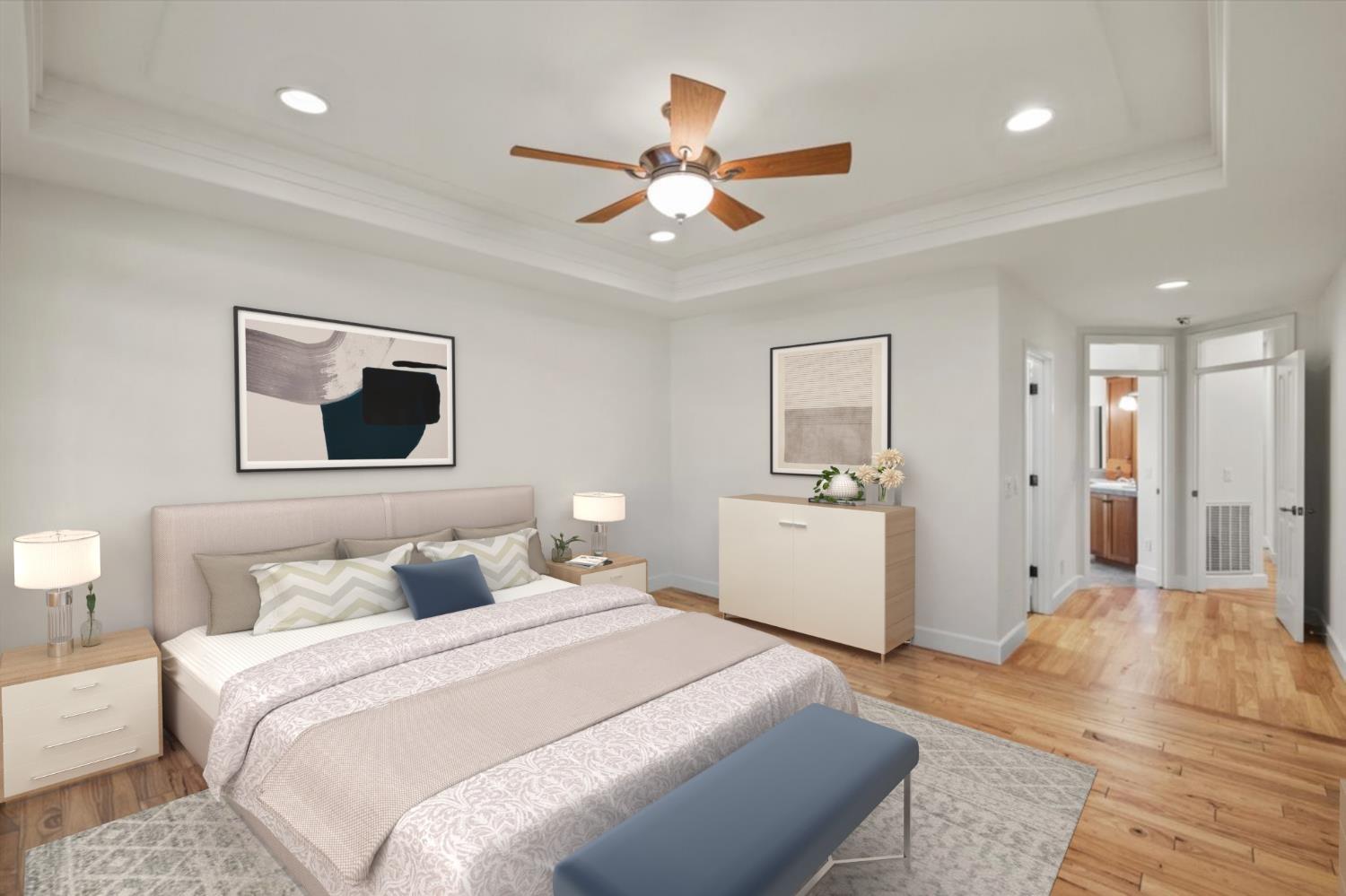 14622 Banner Lava Cap Road Nevada City, CA 95959 - Photo 30 of 66 a bedroom with a large bed and a chandelier