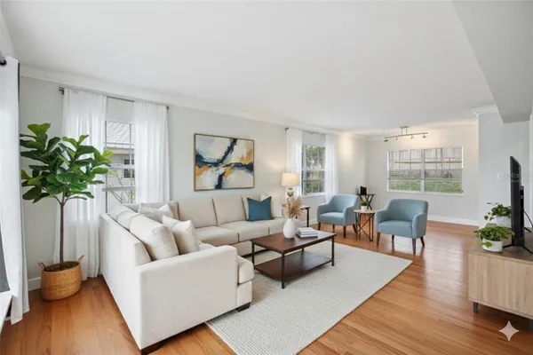 a living room with furniture potted plant and a window