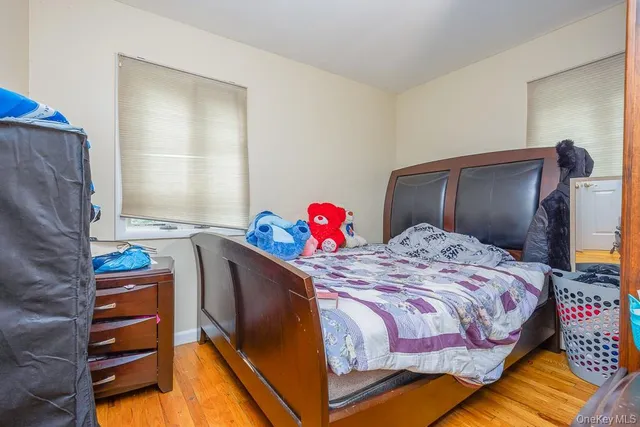 a bedroom with bed and a closet