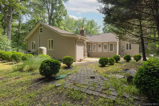 a backyard of a house with garden and plants