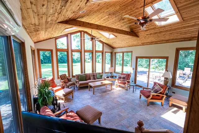 a living room filled with furniture and floor to ceiling windows
