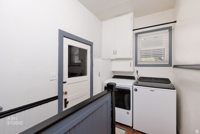 146 West 200 N Street Springville, UT 84663 - Photo 17 of 29 Dedicated laundry area featuring white upper cabinetry, wood-finish flooring, and a window with blinds
