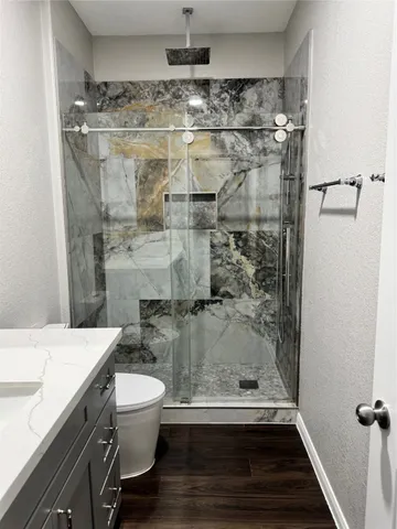 a bathroom with a shower and a toilet
