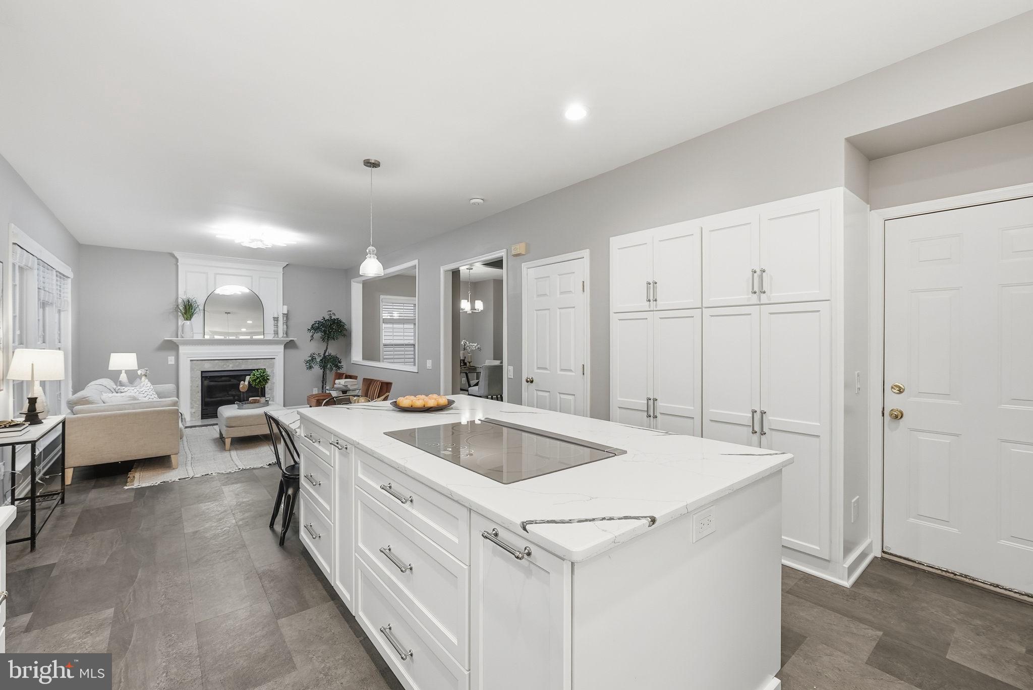 12402 Brown Fox Way Reston, VA 20191 - Photo 8 of 52 a large white kitchen with a stove a sink dishwasher and a fireplace with wooden floor