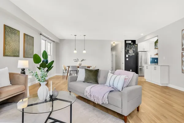 a living room with furniture and a potted plant