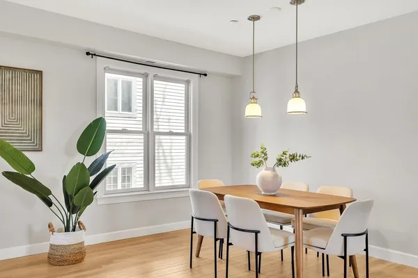 a dining room with furniture potted plants and wooden floor