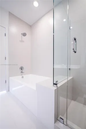 a bathroom with a bathtub and a shower