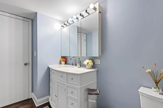 a bathroom with a sink vanity and a mirror