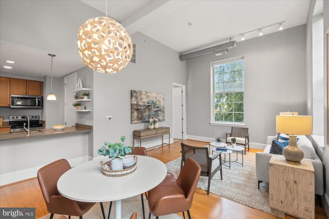 a view of a dining room with furniture