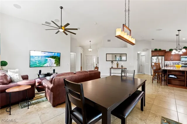 a view of a dining room with furniture