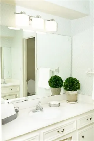 a bathroom with a sink and a mirror