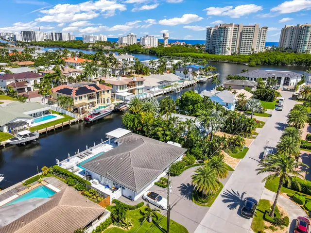 an aerial view of a house with swimming pool garden and lake view