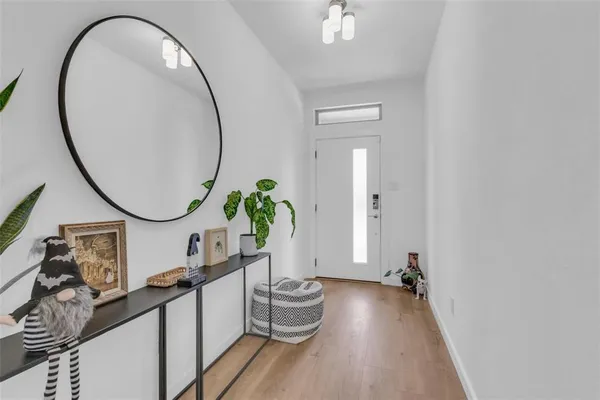 an entryway with a flower pot and a mirror