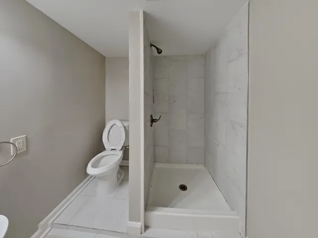 a bathroom with a shower and a toilet
