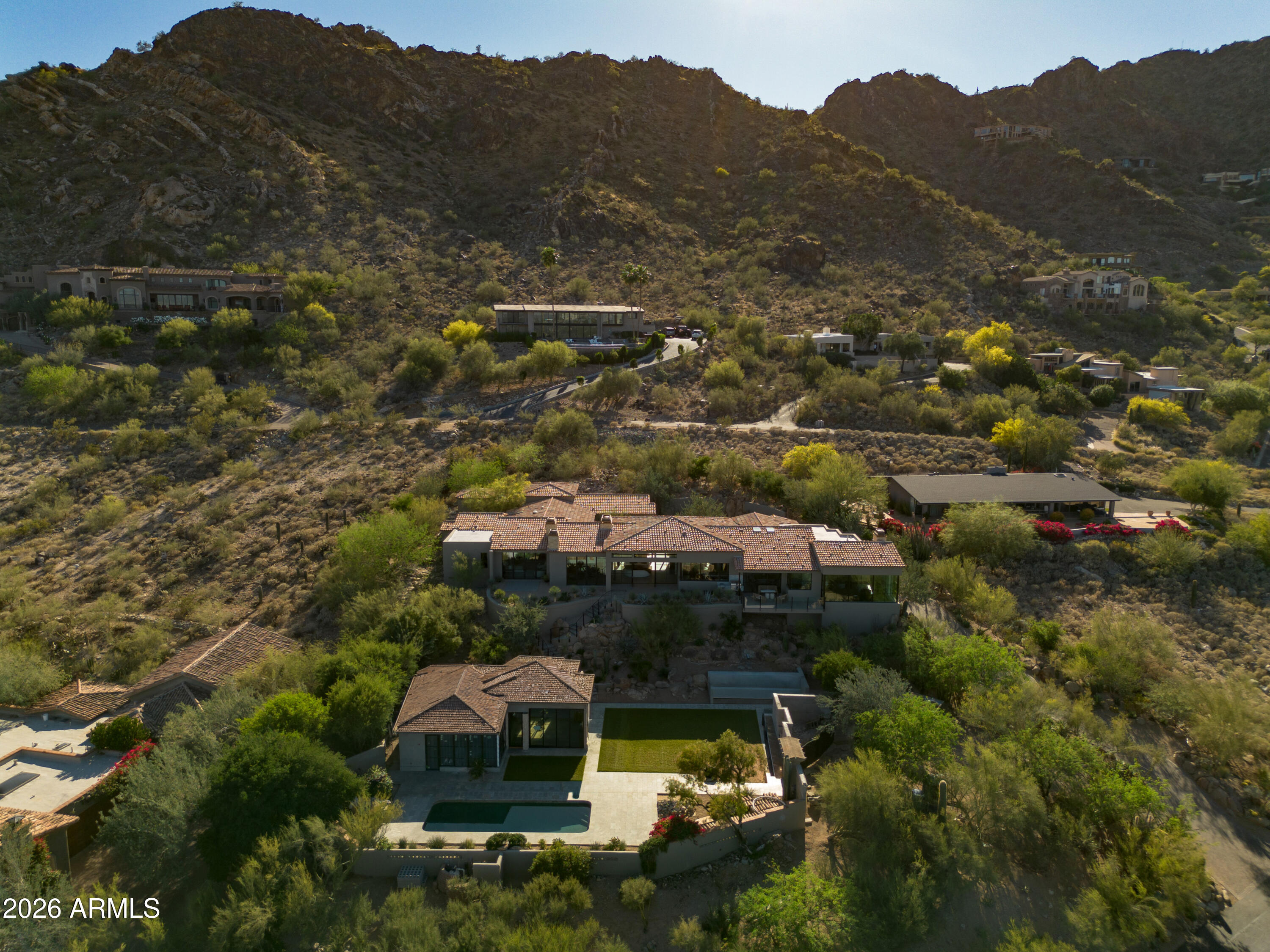 5939 East Quartz Mountain Road Paradise Valley, AZ 85253 - Photo 38 of 39 an aerial view of house with yard and mountain view in back