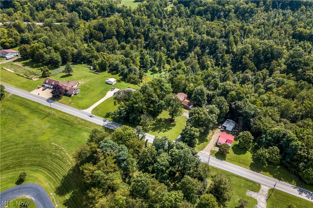 4922 South Ridge Road East Geneva, OH 44041 - Photo 44 of 46 High-angle aerial perspective highlighting the expansive green lawn, mature tree canopy, and peaceful rural neighborhood setting.