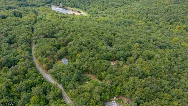 an aerial view of residential house with outdoor space and trees all around