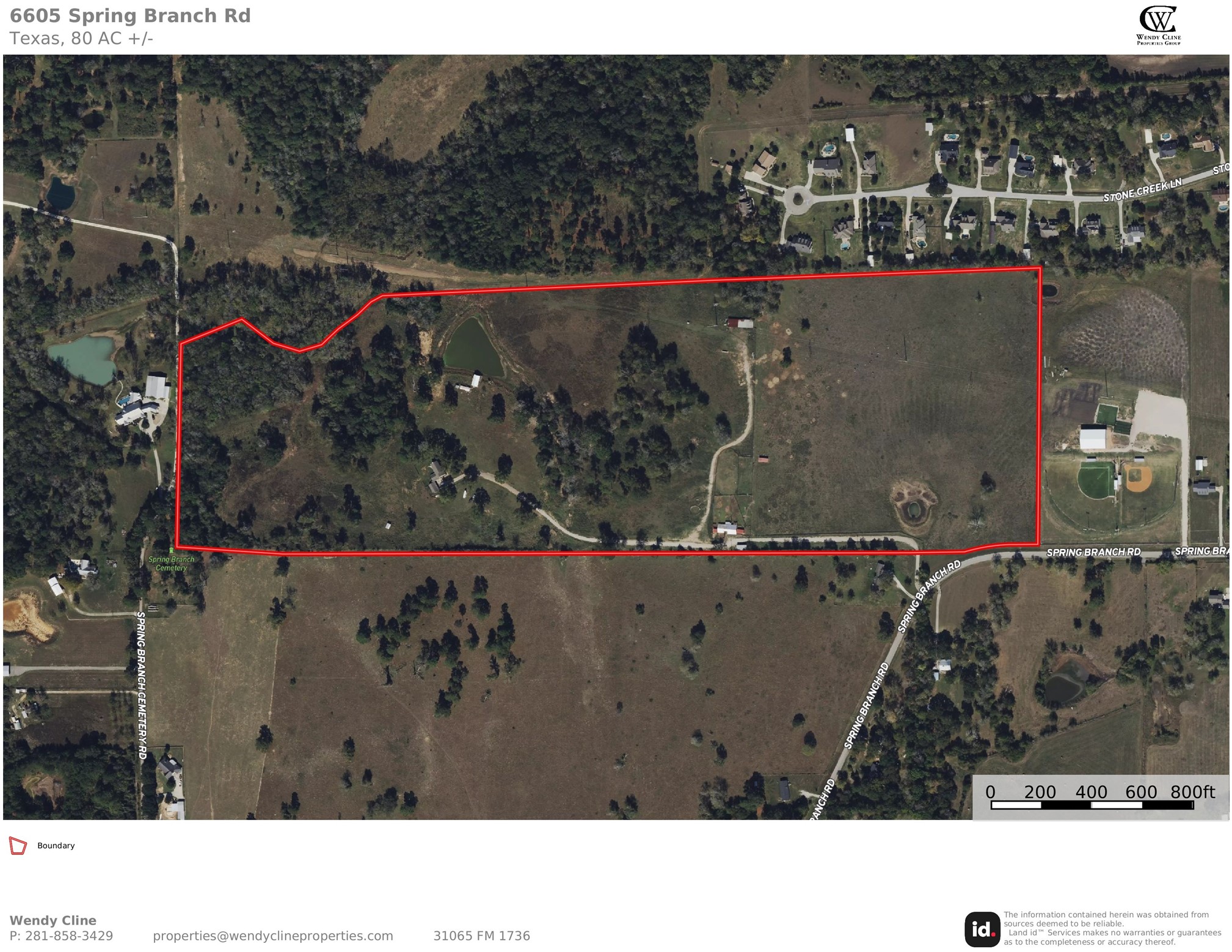 6605 Spring Branch Road Montgomery, TX 77316 - Photo 12 of 12 Aerial boundary map showcasing the expansive 80-acre property at 6605 Spring Branch Rd, complete with tree-lined sections, multiple ponds, and private drive access. Ideal for future development, recreational use, or ranching.