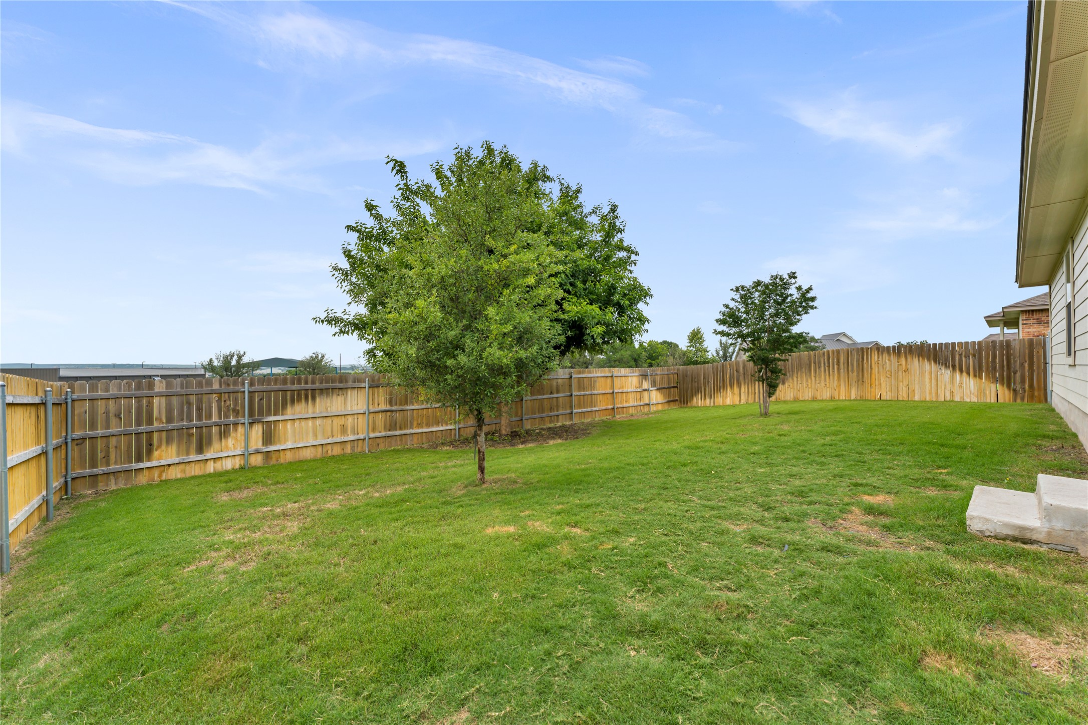 132 Cinnamon Loop Burnet, TX 78611 - Photo 24 of 27 Spacious backyard with a wooden privacy fence, mature trees, and a concrete step leading to the home