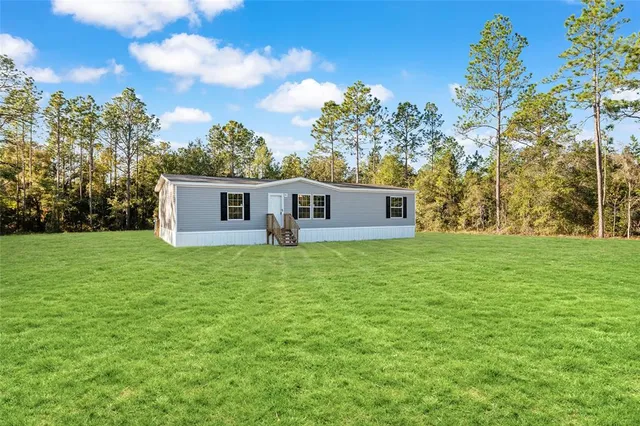 a backyard of a house with plants and tree