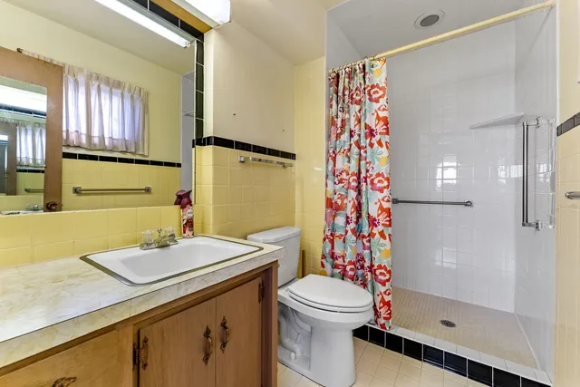 a bathroom with a sink a toilet and shower