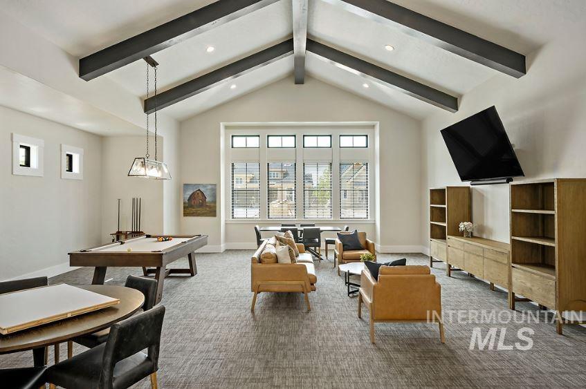 3480 East Macumbo Lane Meridian, ID 83642 - Photo 38 of 43 Carpeted living room featuring beam ceiling, pool table, high vaulted ceiling, and recessed lighting