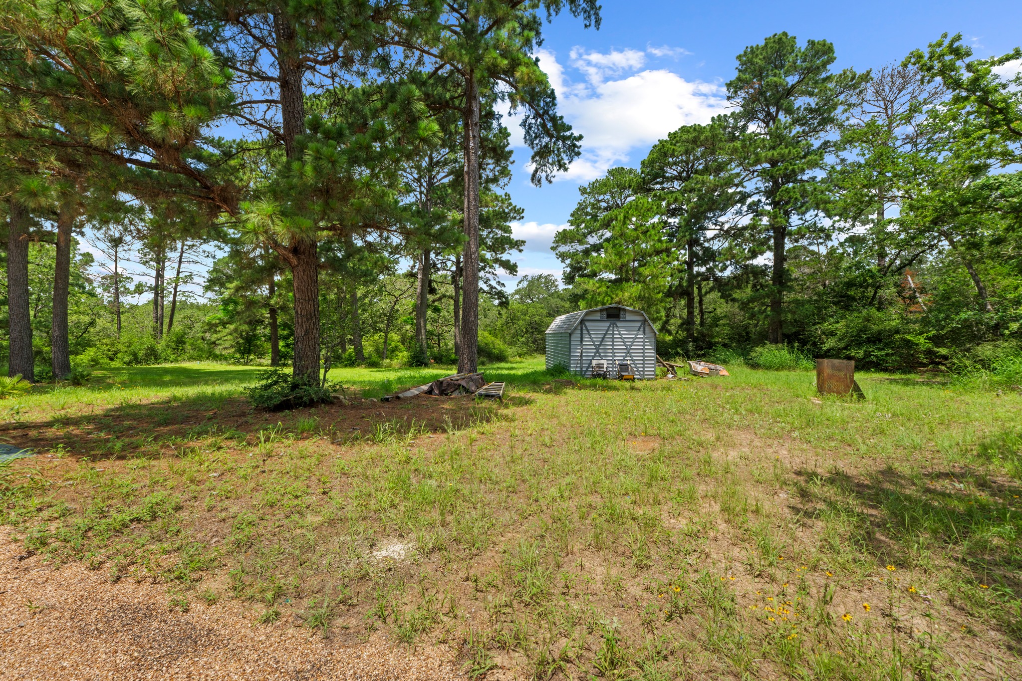 438 Kellar Road Smithville, TX 78957 - Photo 27 of 30 A tranquil, spacious yard with mature trees and a functional shed, perfect for outdoor living.