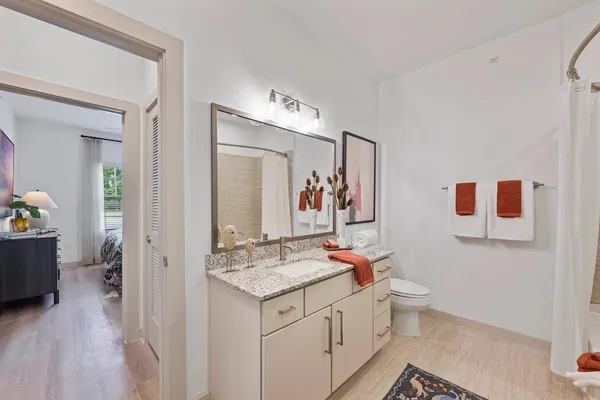 a bathroom with a granite countertop sink mirror and vanity