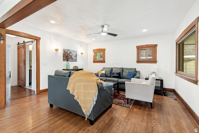 4883 South Center Street Murray, UT 84107 - Photo 13 of 32 Living area featuring wood-finish flooring, recessed lighting, and a ceiling fan