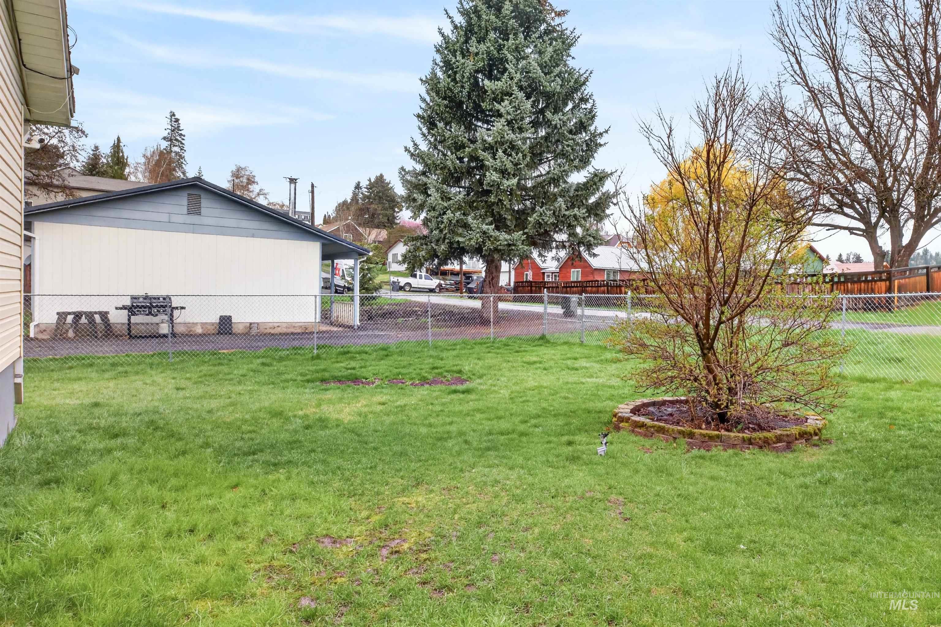 247 North Beech Street Genesee, ID 83832 - Photo 27 of 27 Expansive green space featuring a chain-link fence, mature trees, and a separate structure with a light-colored siding and a dark-toned gable roof