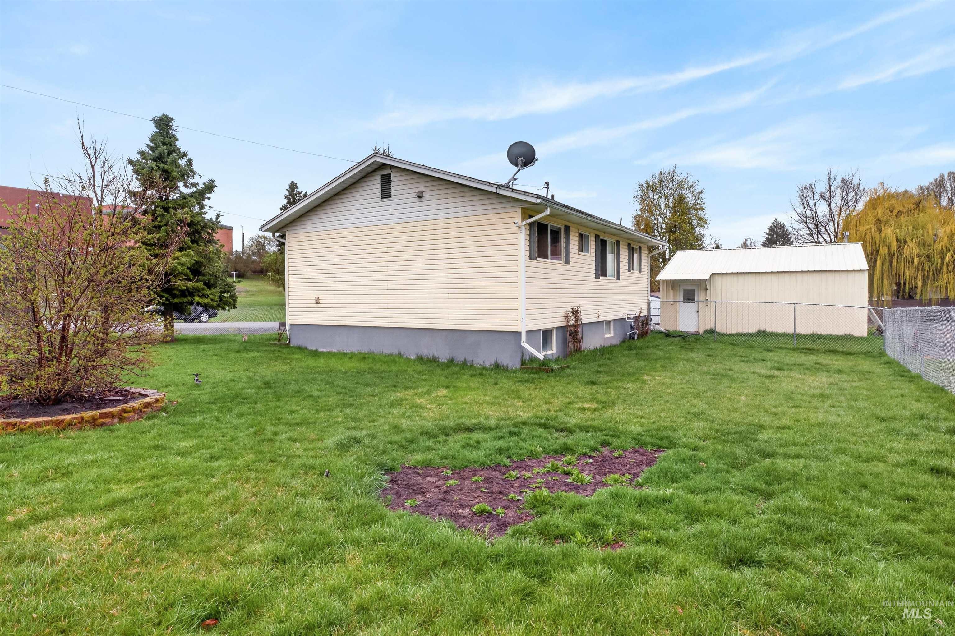 247 North Beech Street Genesee, ID 83832 - Photo 5 of 27 Expansive backyard featuring a detached storage shed, chain-link fencing, and a cultivated garden bed