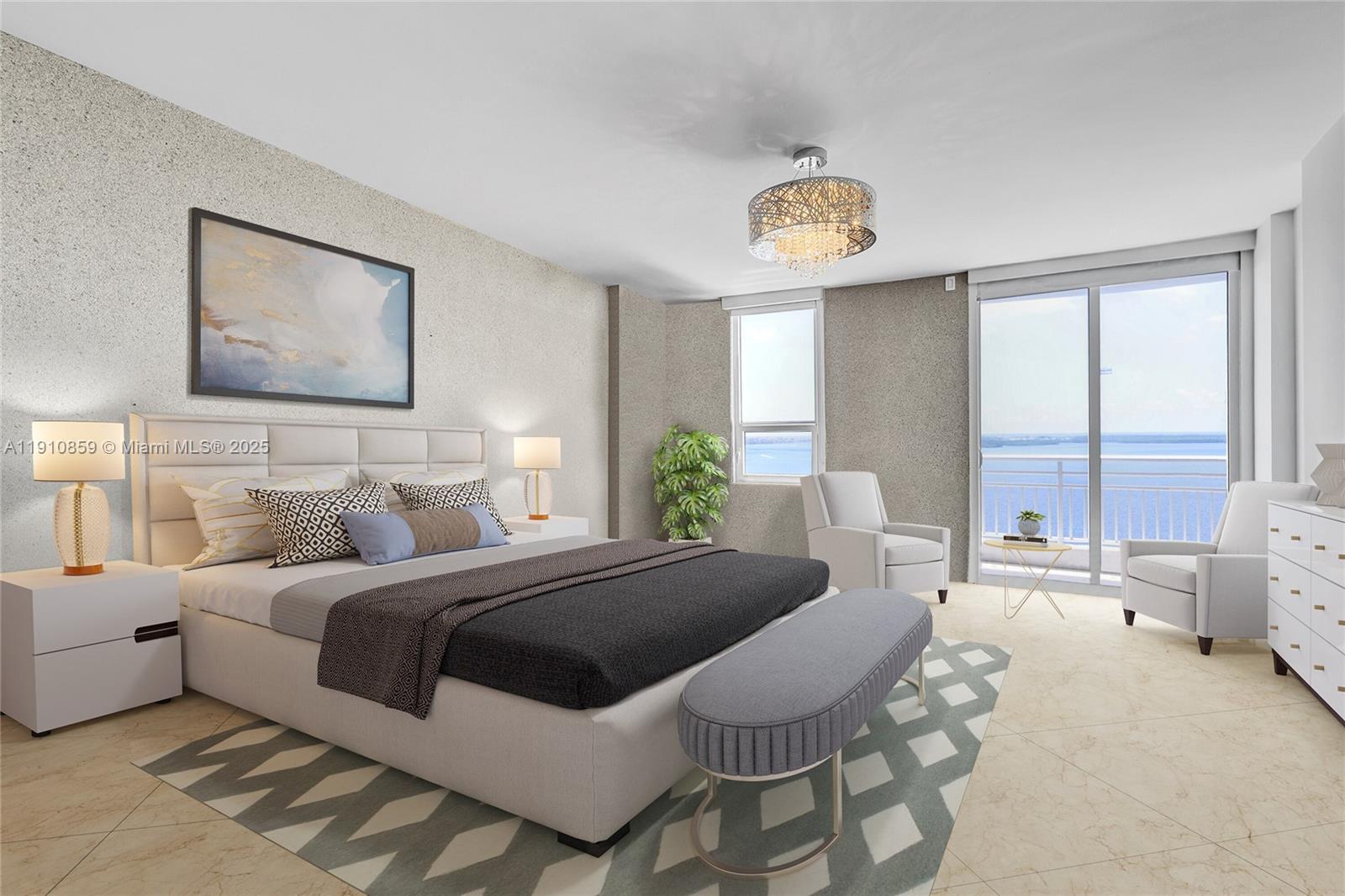 808 Brickell Key Drive, Unit 2104 Miami, FL 33131 - Photo 11 of 29 a bedroom with a bed and a chandelier