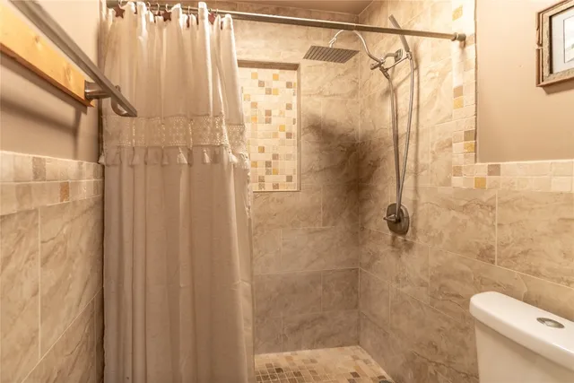 a bathroom with a shower and a toilet