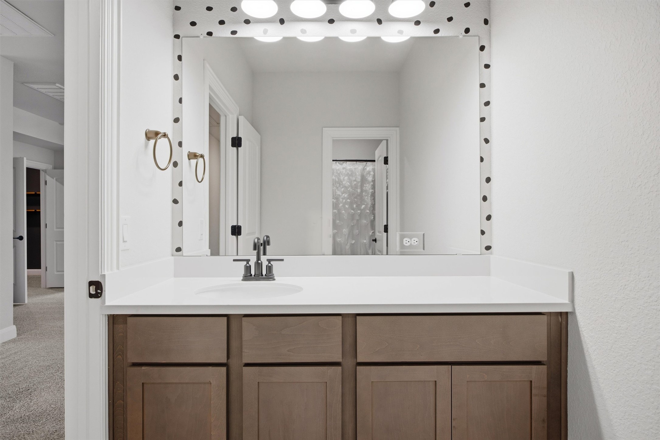 208 Tovas Secret Cove Georgetown, TX 78628 - Photo 30 of 40 a bathroom with a sink vanity and a mirror