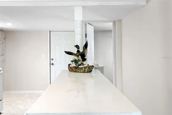 a view of a hallway with a table and a potted plant