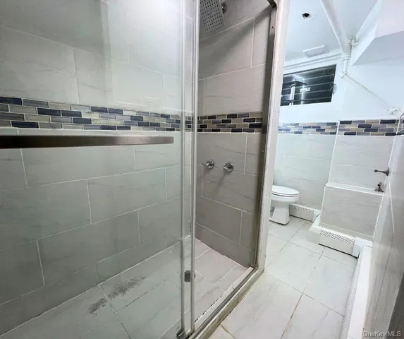 a bathroom with a shower and a toilet