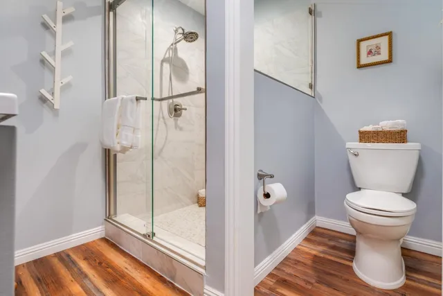 a bathroom with a toilet and a shower