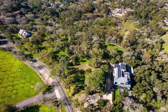 a view of a park with large trees