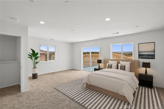 a bedroom with a large bed a potted plant and attached window