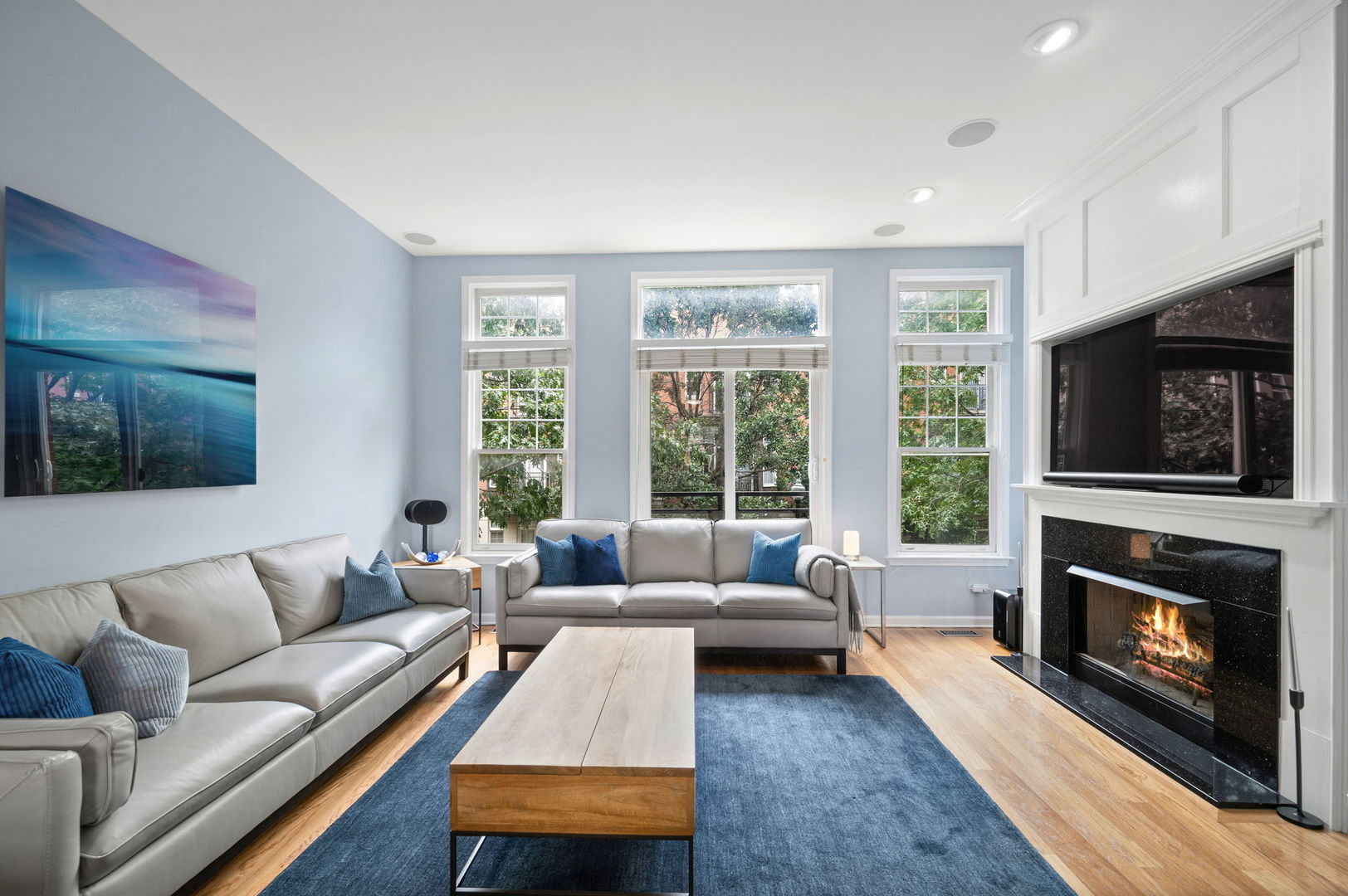 813 West University Lane Chicago, IL 60608 - Photo 8 of 33 a living room with furniture a flat screen tv and a fireplace