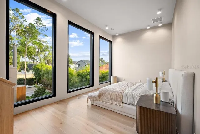 a bedroom with a bed and wooden floor