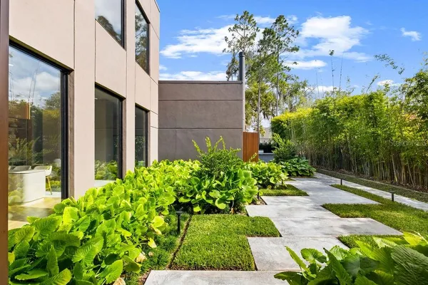 a view of a garden with pathway