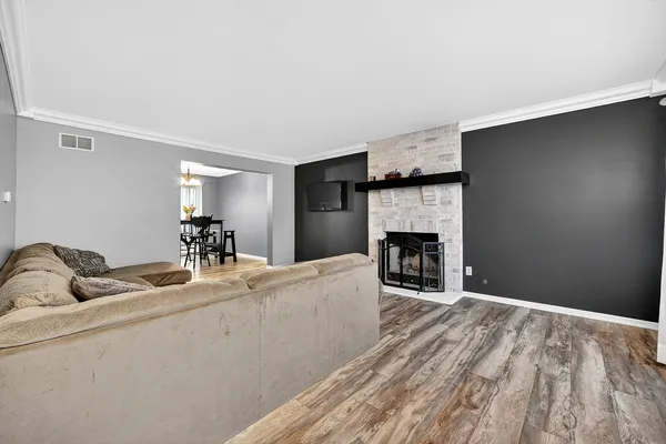 a living room with furniture and a fireplace