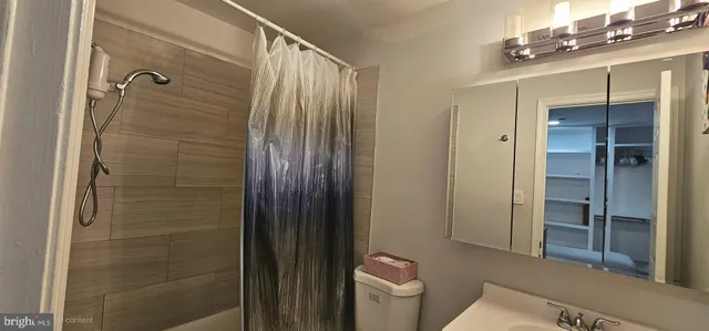 a bathroom with a shower and a toilet