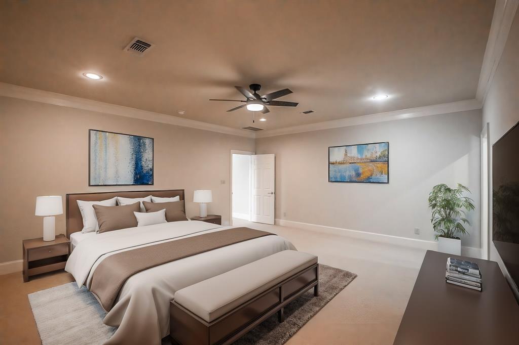 3635 Crestline Road Fort Worth, TX 76107 - Photo 27 of 40 a bedroom with a large bed and a chandelier