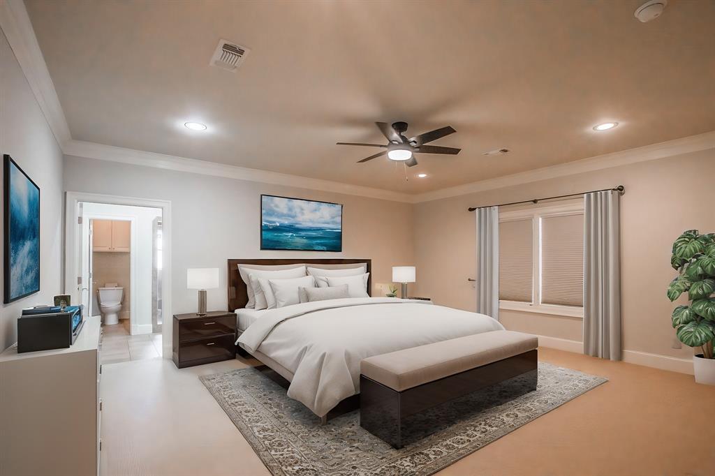 3635 Crestline Road Fort Worth, TX 76107 - Photo 28 of 40 a bedroom with a large bed and a chandelier