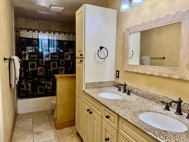 a bathroom with a granite countertop sink a mirror and shower