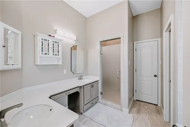 a bathroom with a sink a mirror and a shower