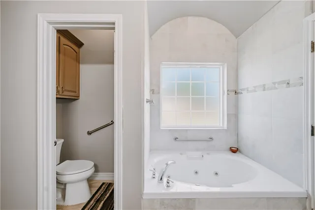a bathroom with a bathtub and a toilet