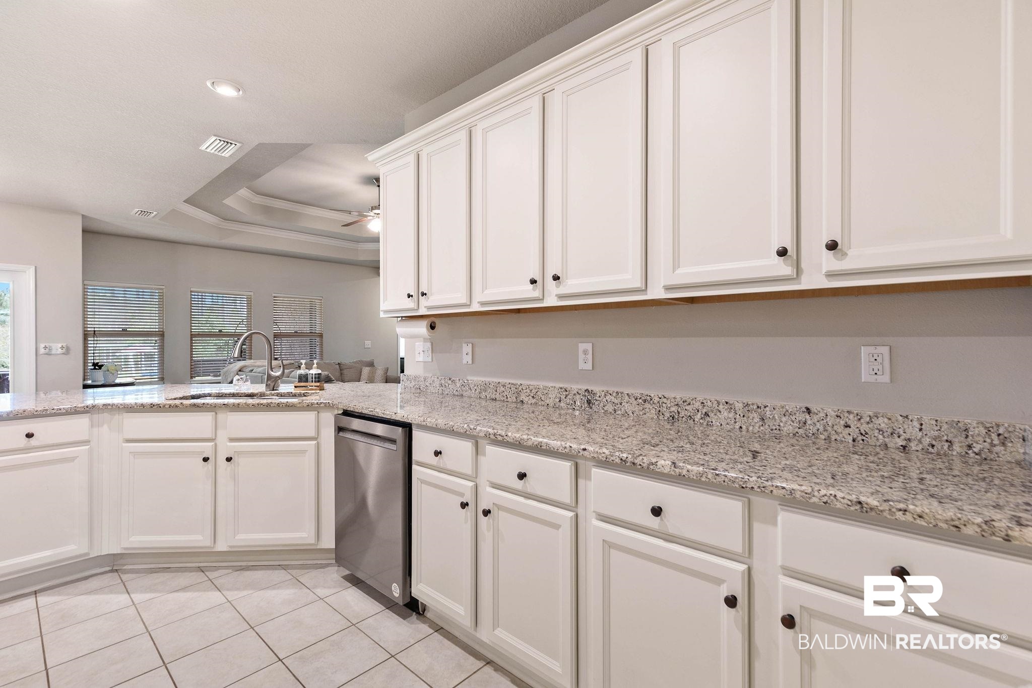 12750 B Jenkins Pit Road Daphne, AL 36527 - Photo 25 of 89 Kitchen featuring white cabinetry, ceiling fan, light stone countertops, dishwasher, and a raised ceiling